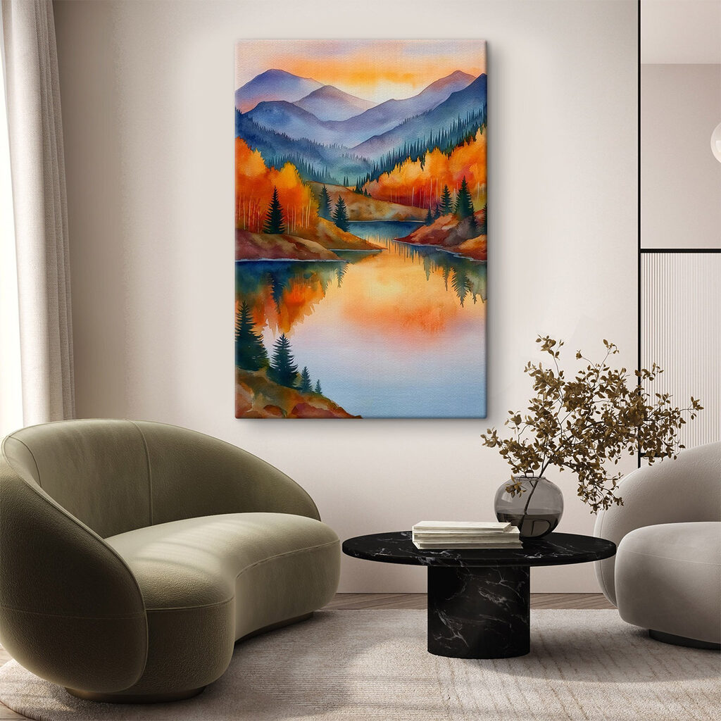 Watercolor painting of a lake surrounded by trees