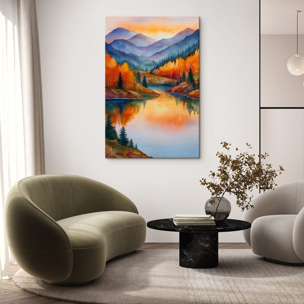 Watercolor painting of a lake surrounded by trees