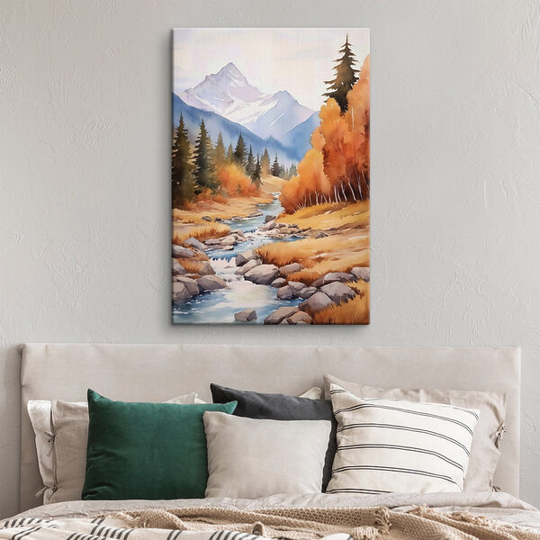 Watercolor painting of a river running through a forest Watercolor painting of a river running through a forest