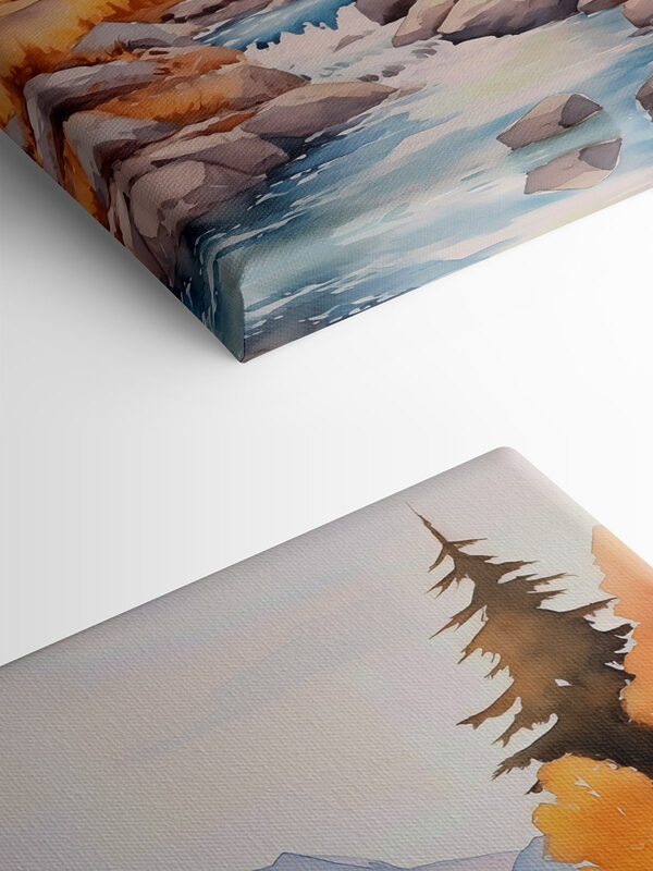 Watercolor painting of a river running through a forest Watercolor painting of a river running through a forest