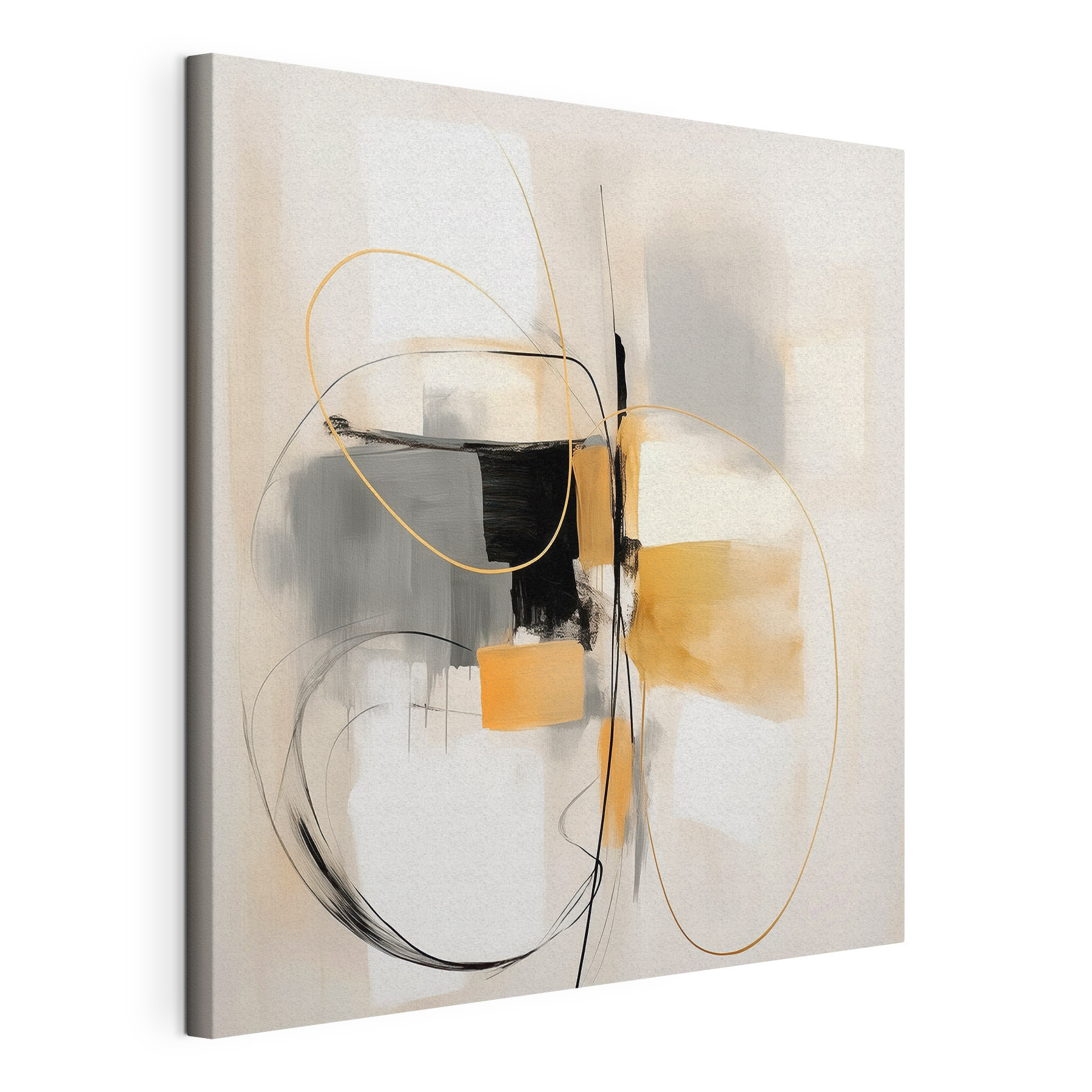 Painting of a white wall with black and yellow circles and lines