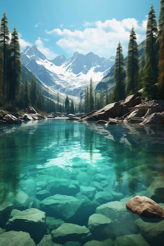 Lago di montagna con alberi e rocce Lago di montagna con alberi e rocce