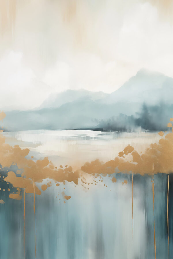 Painting of a lake with mountains in the background