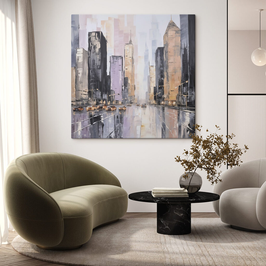 Painting of a city street with cars and buildings