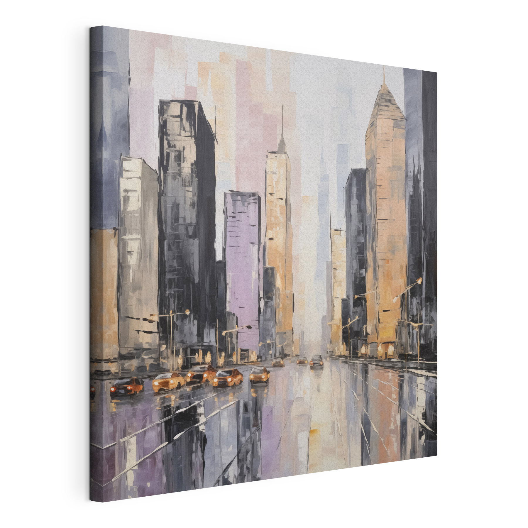 Painting of a city street with cars and buildings