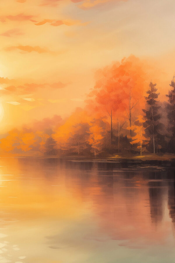 Watercolor painting of trees and a lake
