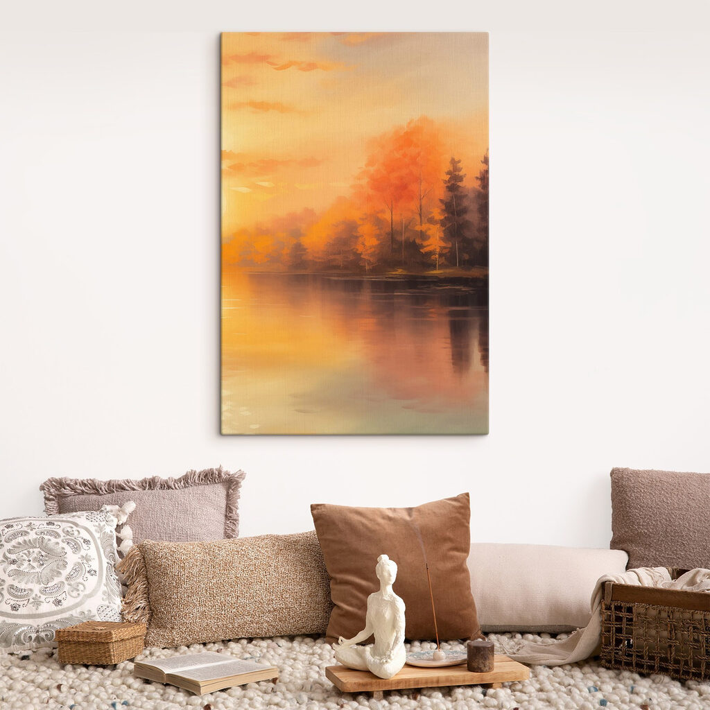 Watercolor painting of trees and a lake