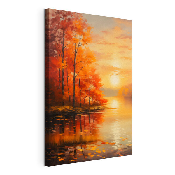 Quadri Dipinto raffigurante un lago con alberi e foglie arancioni (COD: s46771) Quadri Quadri Dipinto raffigurante un lago con alberi e foglie arancioni (COD: s46771)
