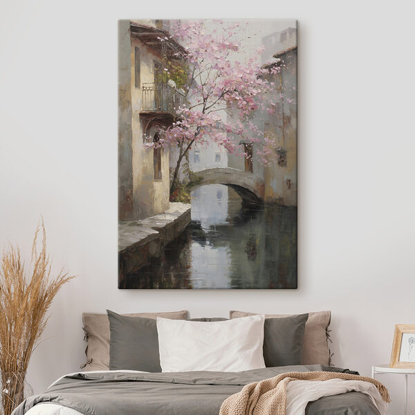 Quadri Dipinto raffigurante un fiume con un albero rosa e un ponte