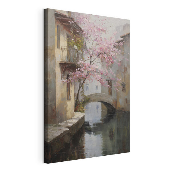 Quadri Dipinto raffigurante un fiume con un albero rosa e un ponte (COD: s47126) Quadri Quadri Dipinto raffigurante un fiume con un albero rosa e un ponte (COD: s47126)
