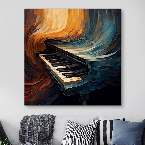 Piano with a colorful curtain Piano with a colorful curtain