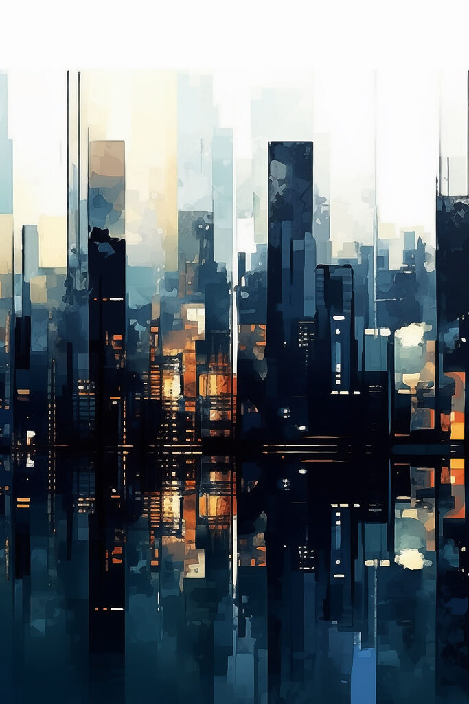 City skyline with lights reflecting in water
