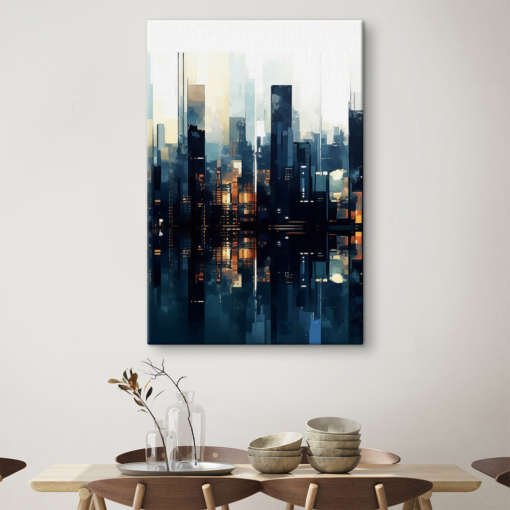 City skyline with lights reflecting in water