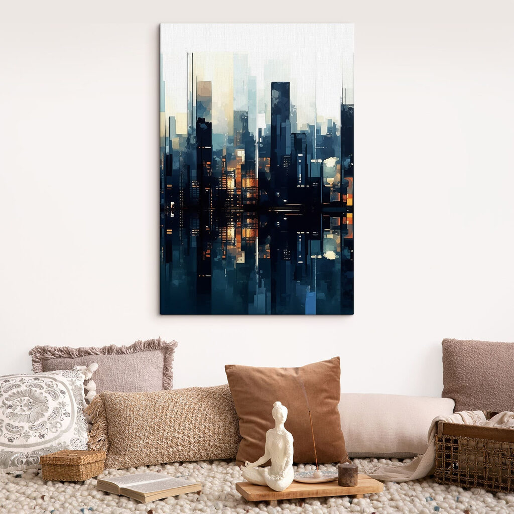 City skyline with lights reflecting in water