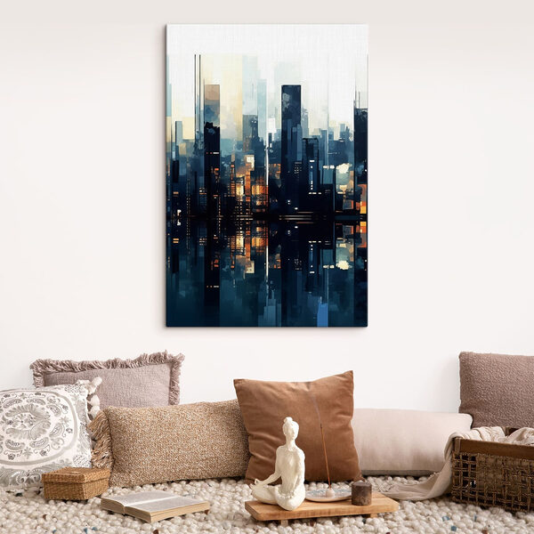 City skyline with lights reflecting in water