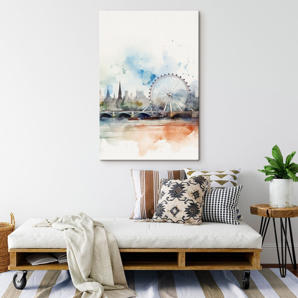 Watercolor of a city with a ferris wheel and a bridge