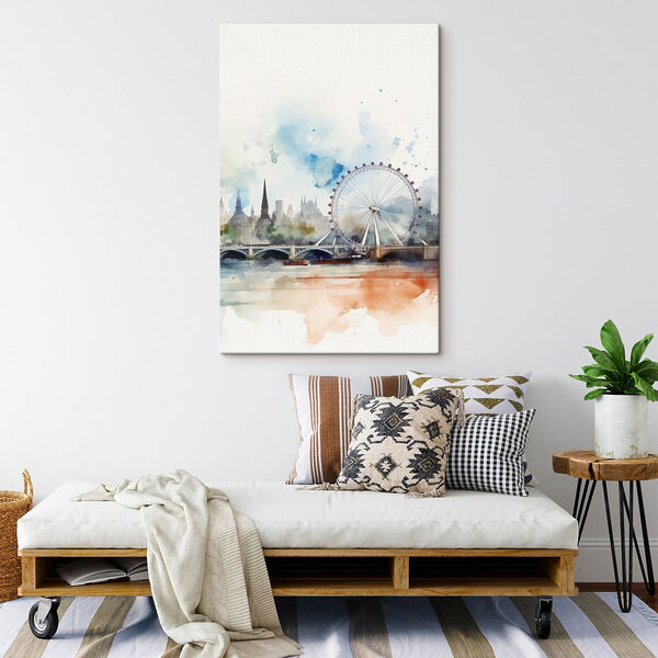 Quadri Acquerello raffigurante una città con una ruota panoramica e un ponte (COD: s47681) Quadri Quadri Acquerello raffigurante una città con una ruota panoramica e un ponte (COD: s47681)