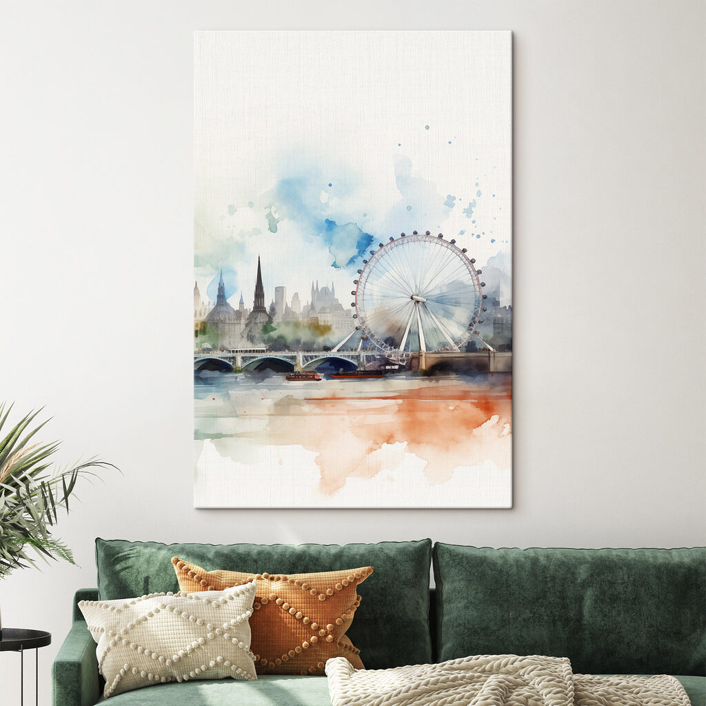 Watercolor of a city with a ferris wheel and a bridge