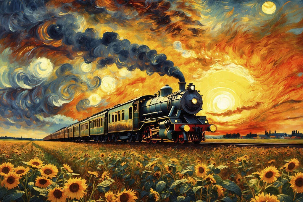 Train on the tracks with sunflowers and smoke coming out of the engine