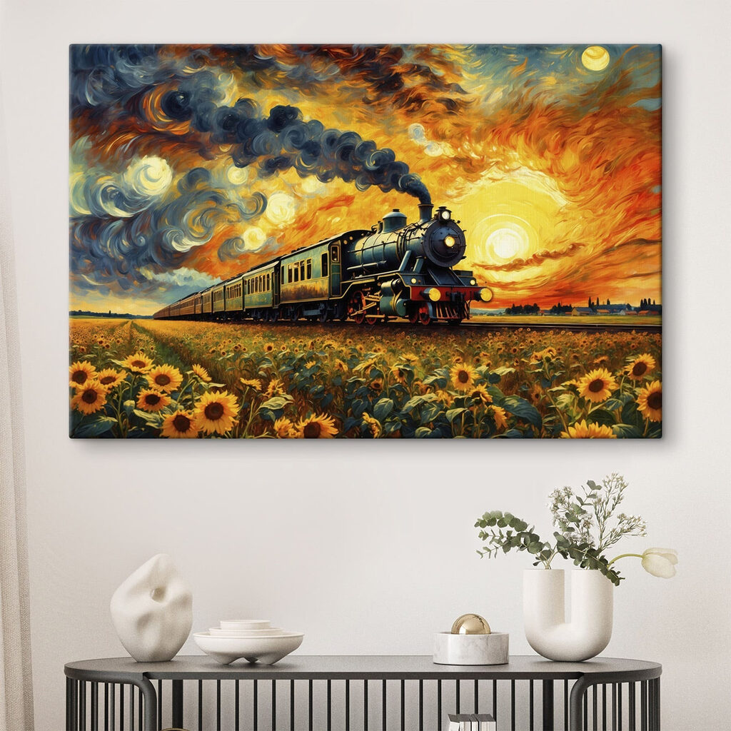 Train on the tracks with sunflowers and smoke coming out of the engine
