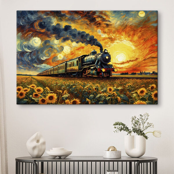 Quadri Quadri Treno sui binari con girasoli e fumo che esce dalla locomotiva (COD: s47257)