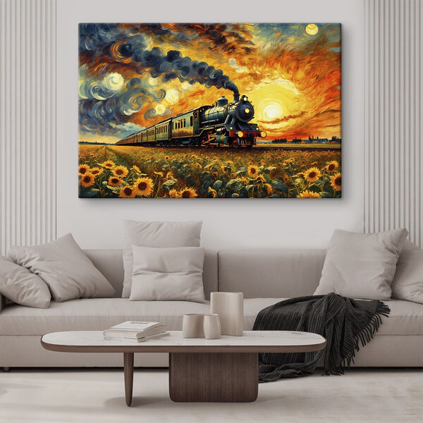 Train on the tracks with sunflowers and smoke coming out of the engine