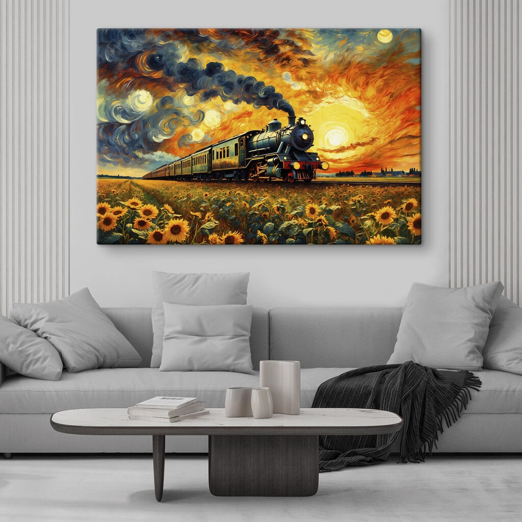 Train on the tracks with sunflowers and smoke coming out of the engine