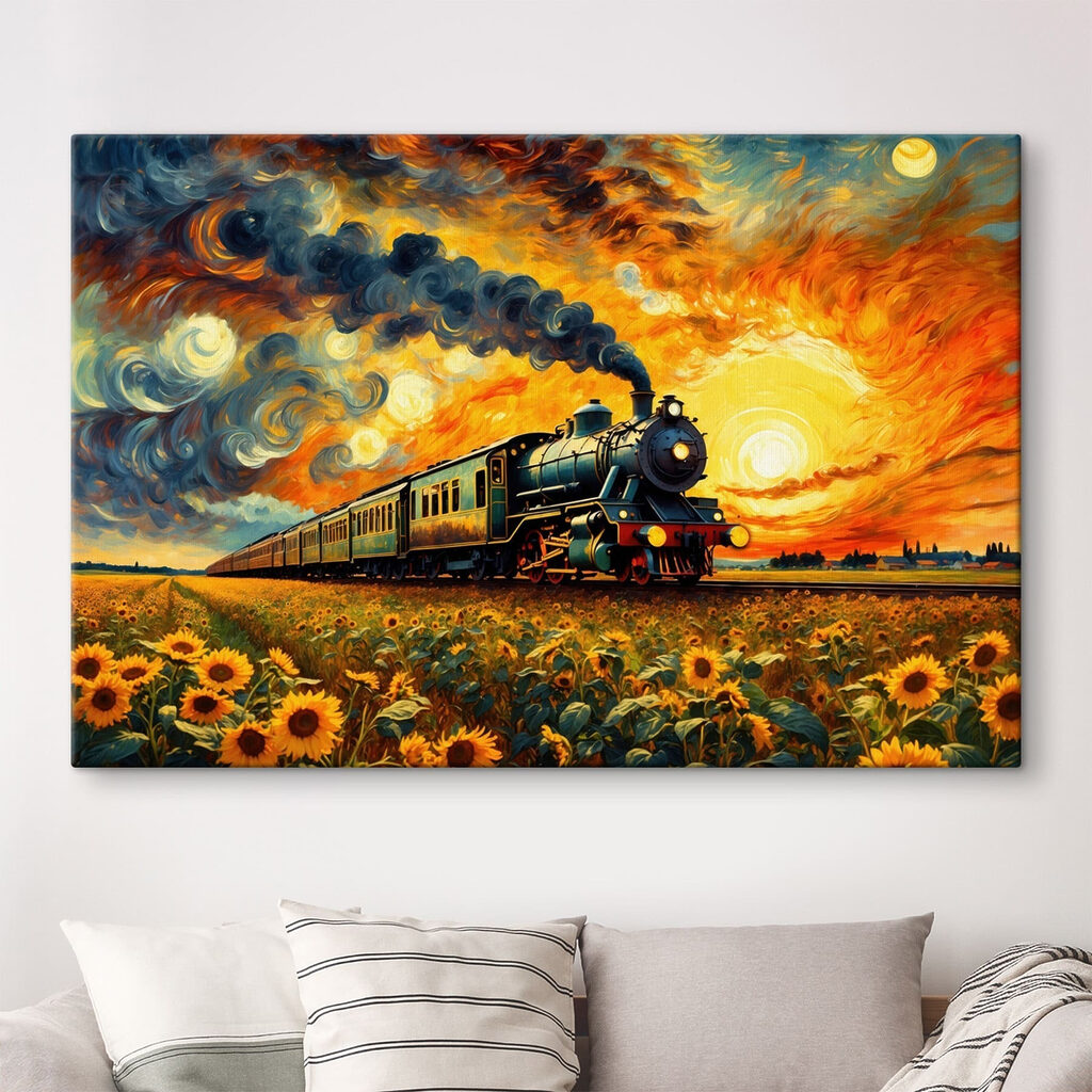 Train on the tracks with sunflowers and smoke coming out of the engine