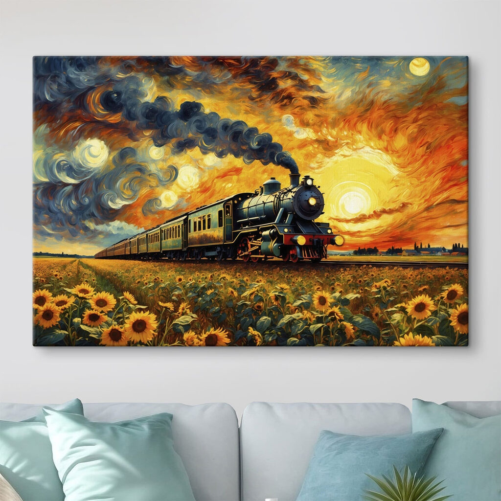 Train on the tracks with sunflowers and smoke coming out of the engine