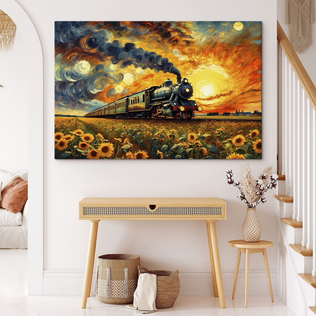 Train on the tracks with sunflowers and smoke coming out of the engine