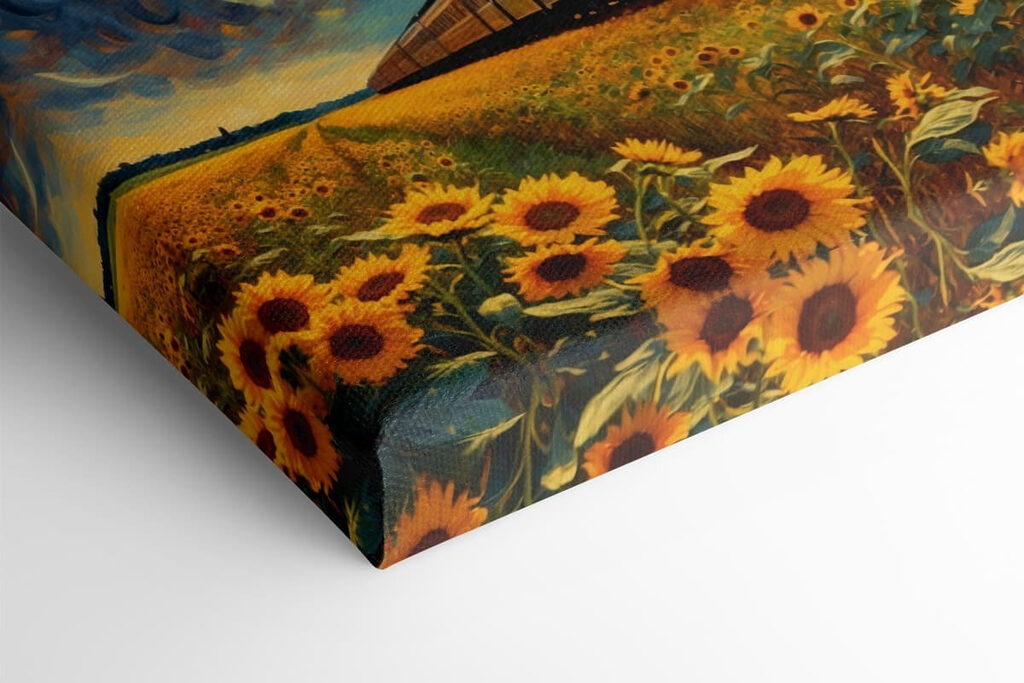 Train on the tracks with sunflowers and smoke coming out of the engine