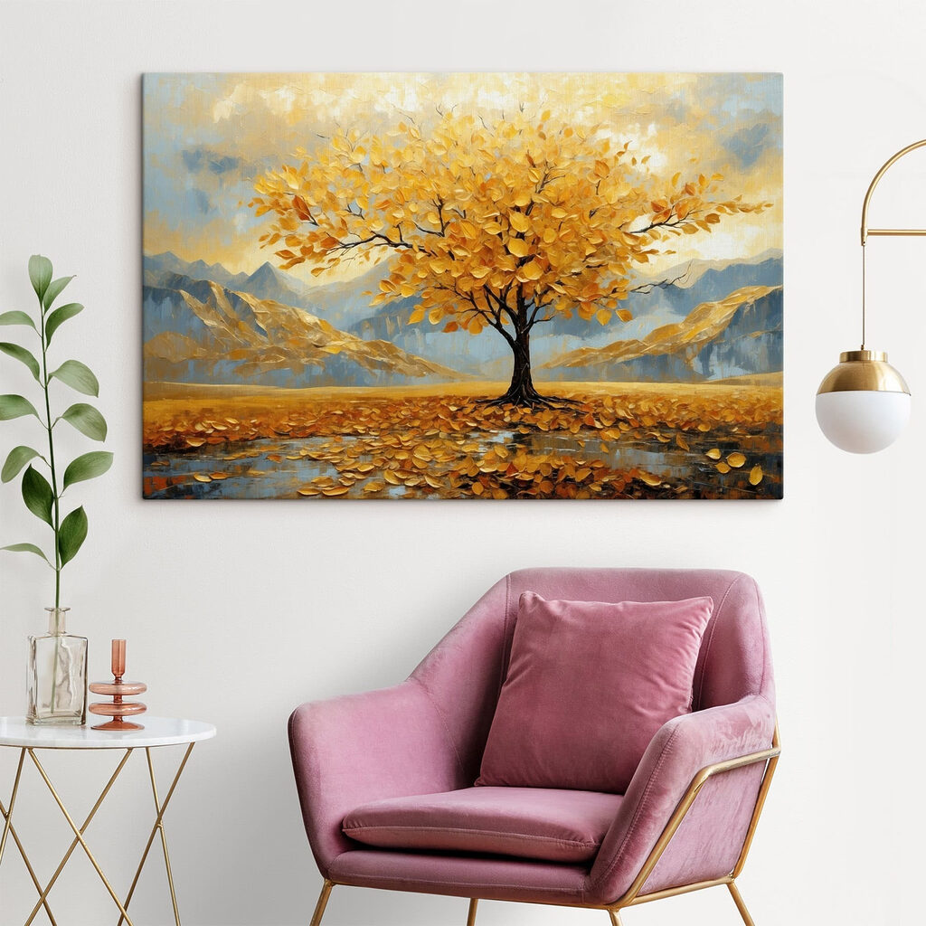 Tree with yellow leaves in a field