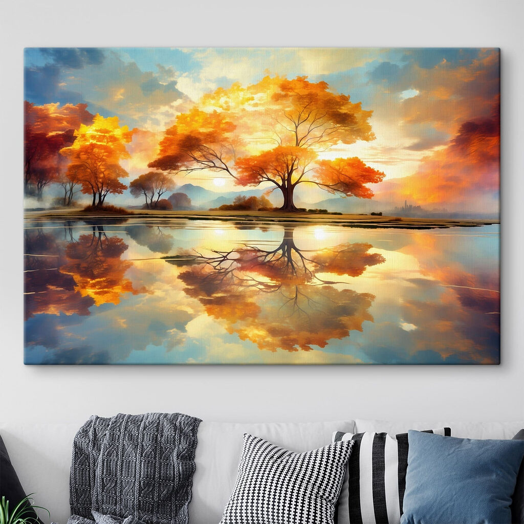 Tree with yellow leaves on the ground and a body of water Tree with yellow leaves on the ground and a body of water