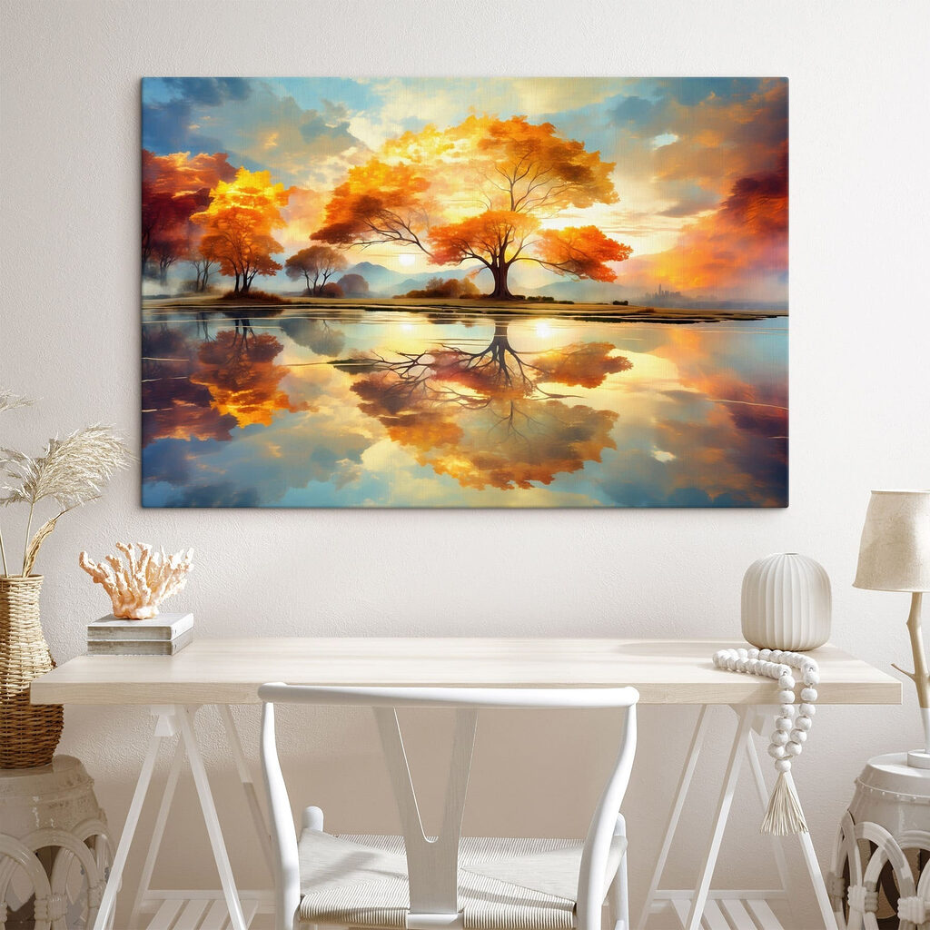 Tree with yellow leaves on the ground and a body of water Tree with yellow leaves on the ground and a body of water