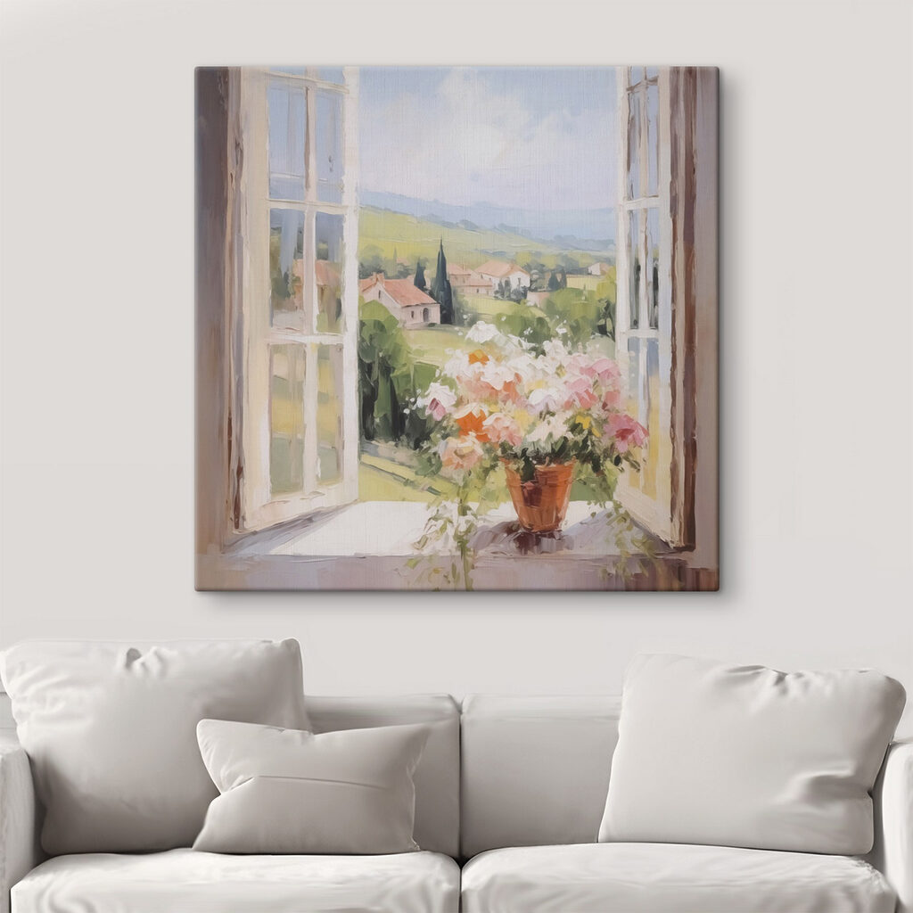 Painting of a window with flowers in it