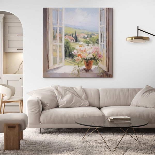 Painting of a window with flowers in it