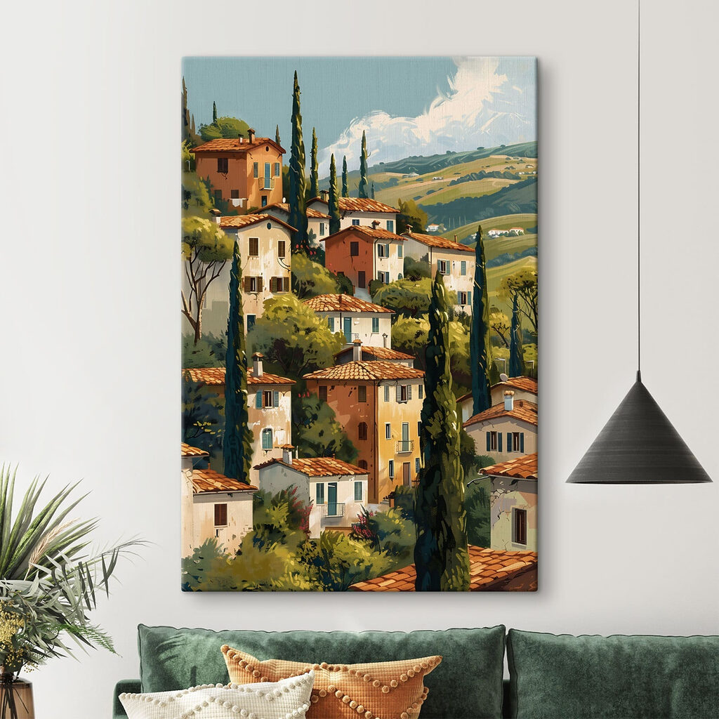 Group of houses with trees and hills in the background Group of houses with trees and hills in the background