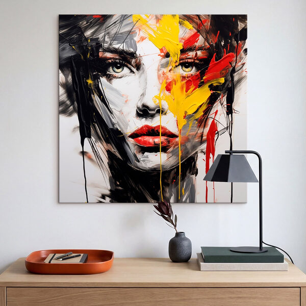 Quadri Dipinto raffigurante il volto di una donna realizzato con colori rosso, giallo e nero (COD: s48088) Quadri Quadri Dipinto raffigurante il volto di una donna realizzato con colori rosso, giallo e nero (COD: s48088)