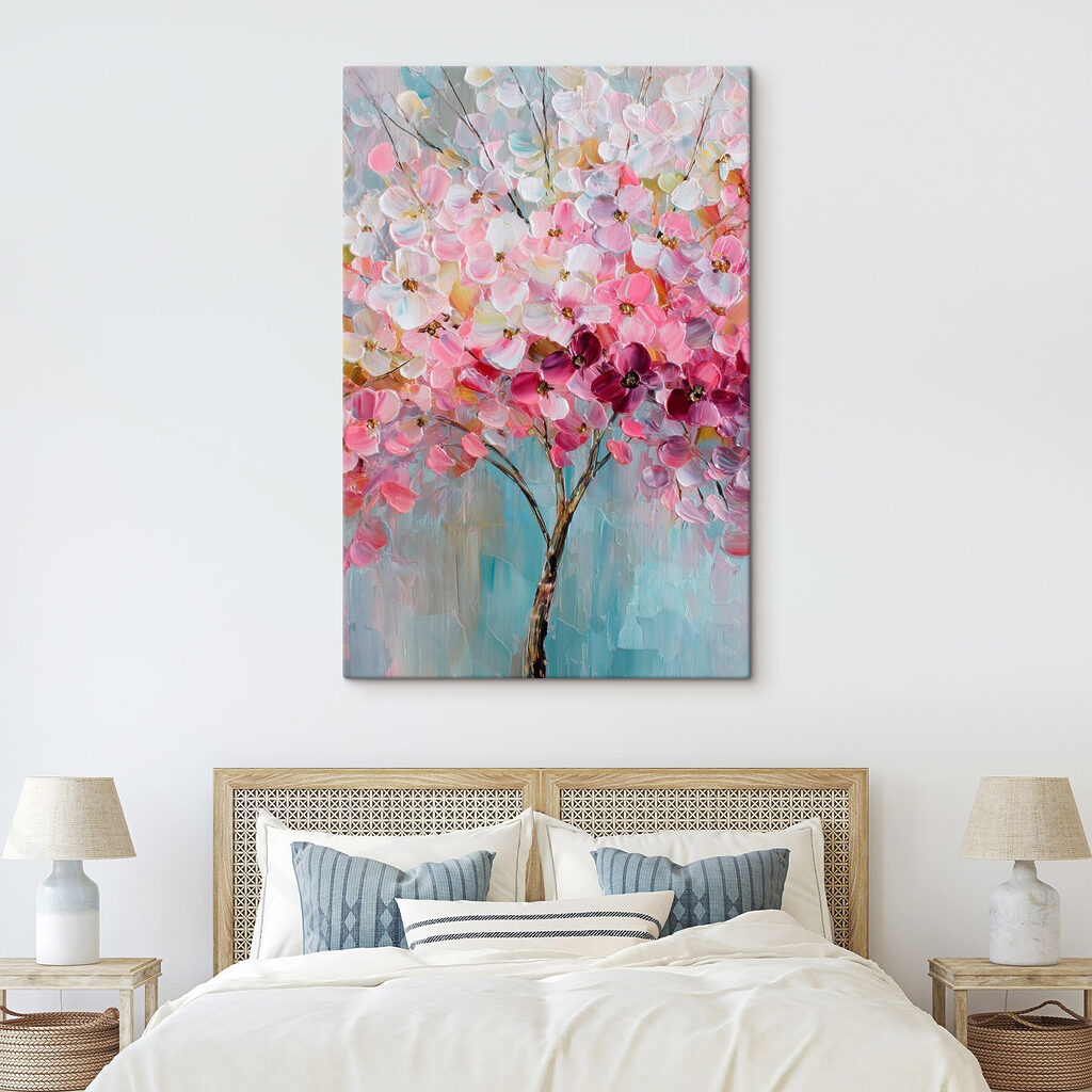 Painting of a tree with pink flowers