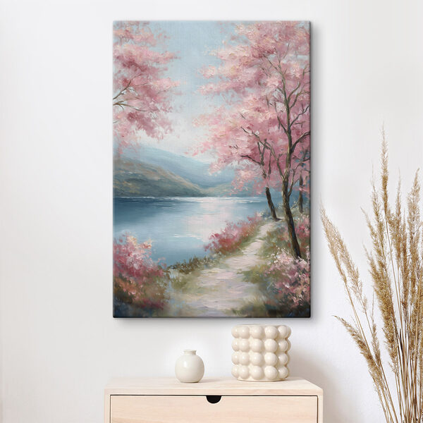 Quadri Quadri Dipinto raffigurante un lago con alberi rosa e montagne (COD: s48289)