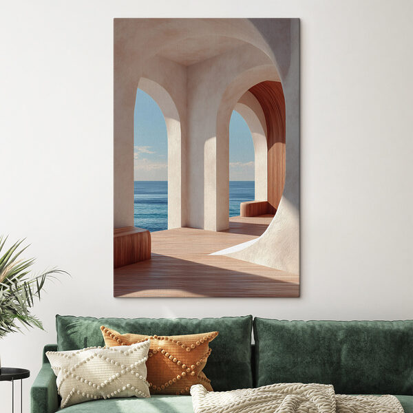 White building with arched windows and wood floors