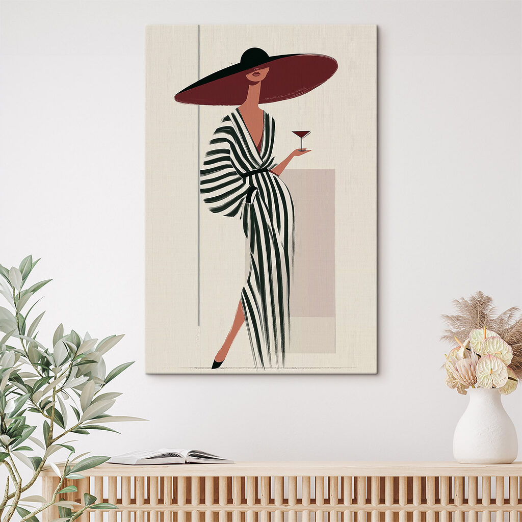 Woman in a striped dress holding a glass of wine