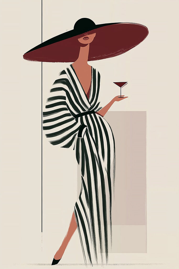 Woman in a striped dress holding a glass of wine