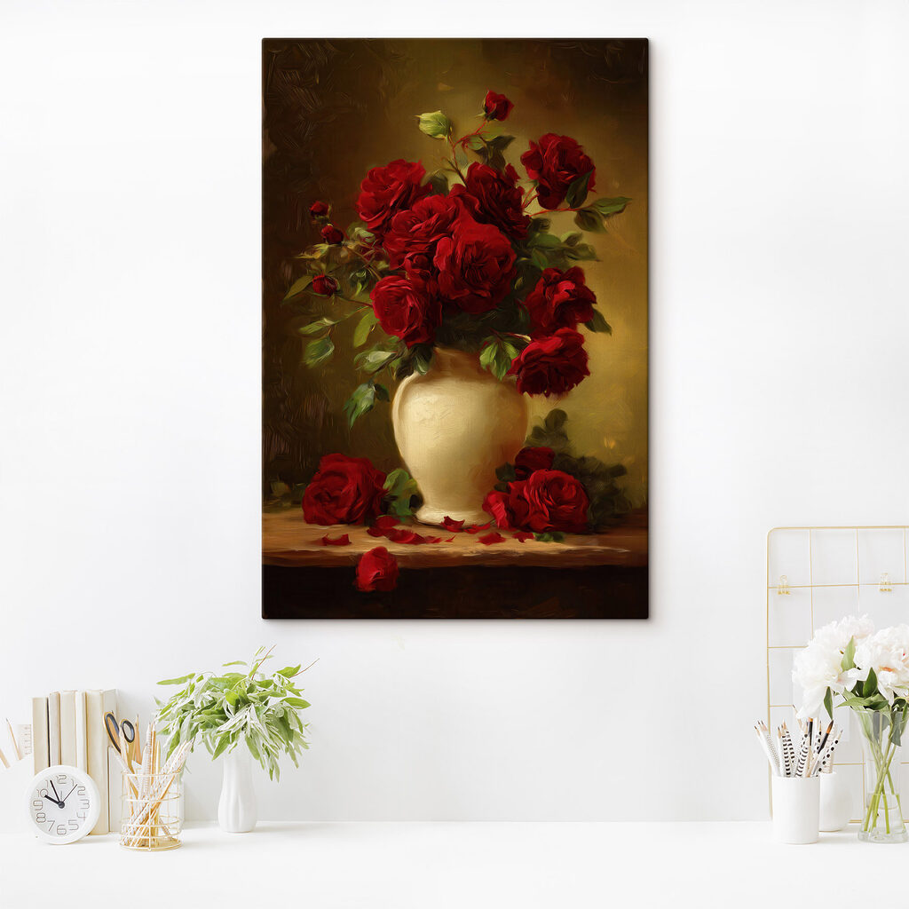Painting of a vase of red roses