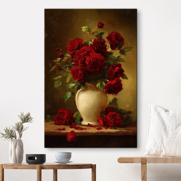 Painting of a vase of red roses