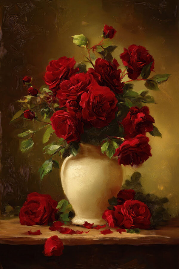 Painting of a vase of red roses