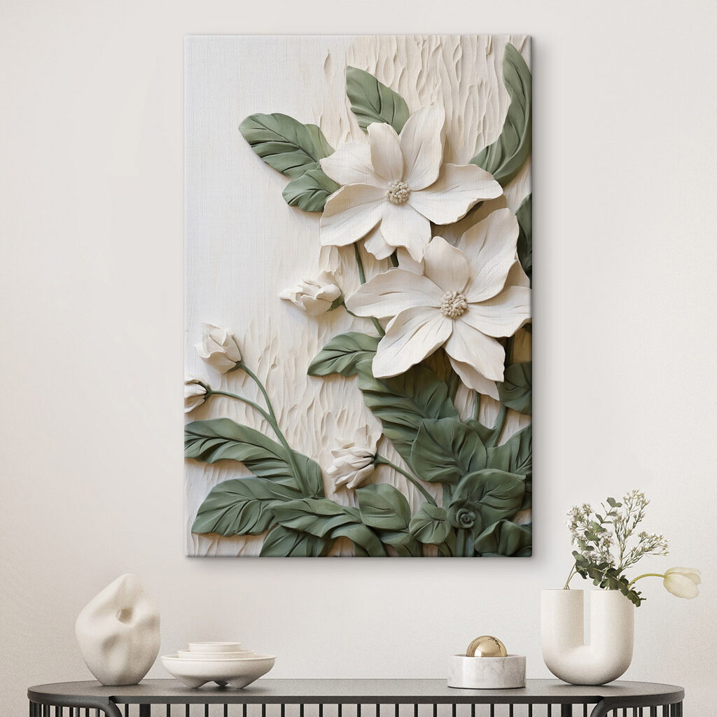 White flowers and leaves on a white surface White flowers and leaves on a white surface