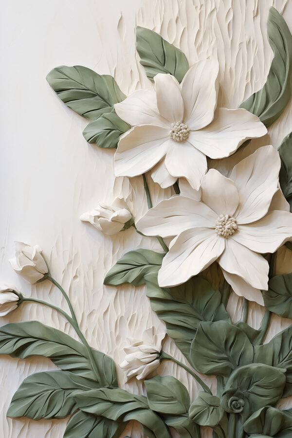 White flowers and leaves on a white surface White flowers and leaves on a white surface