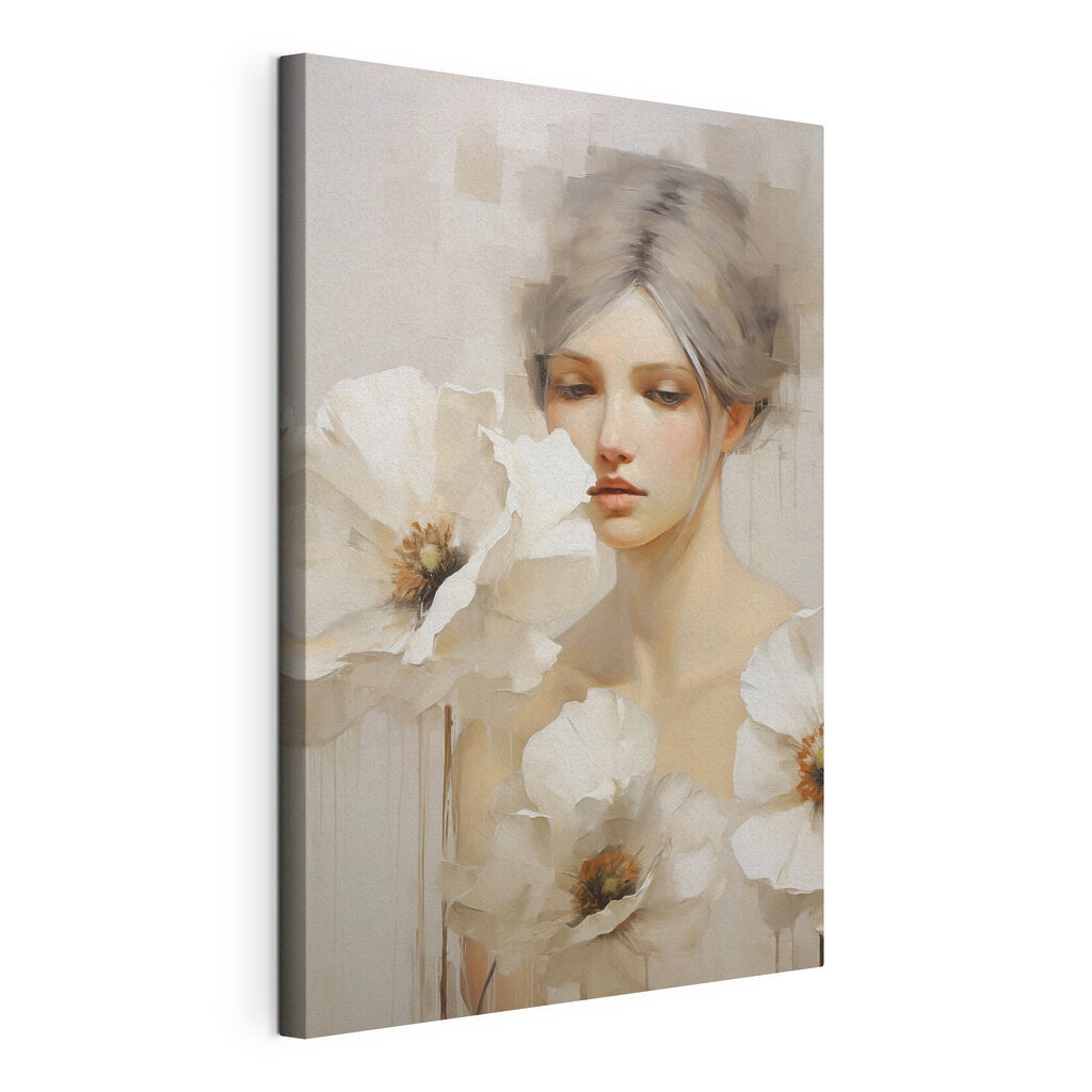 Painting of a woman with white flowers