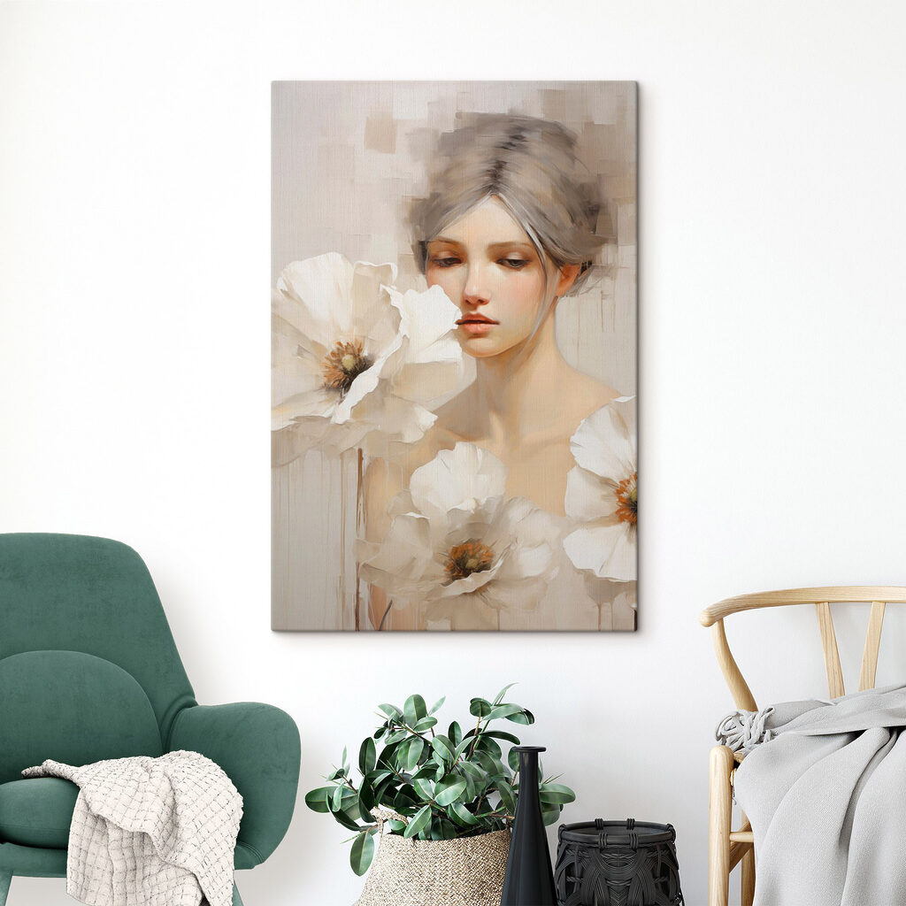 Painting of a woman with white flowers